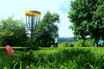 Discgolfový park u Oldřichova a cvičné hřiště Výstaviště kos s diskem.jpg.